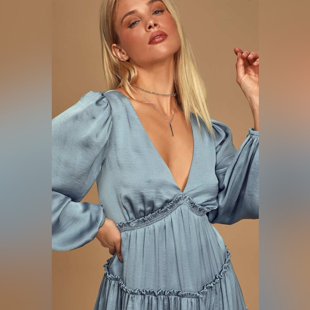 Lulu's Moonstruck Slate Blue Satin Tiered Long Sleeve Mini Dress Size S V-Back - Picture 12 of 13